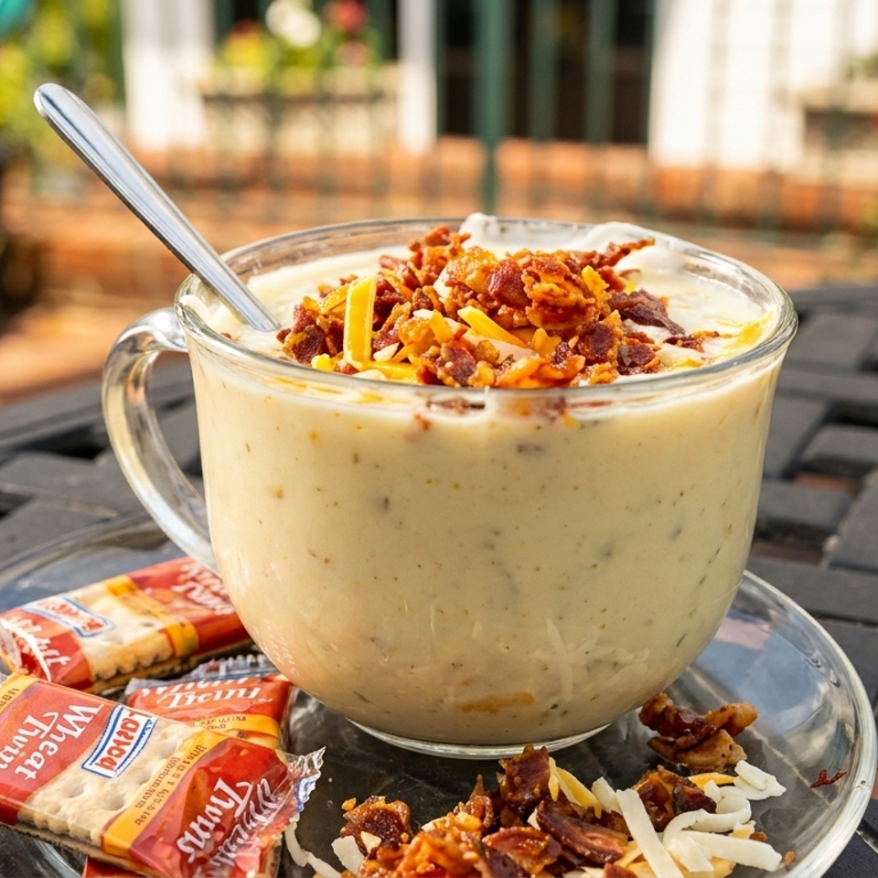 Creamy soup topped with bacon and shredded cheese, served with crackers on a glass plate atop an outdoor patio table.