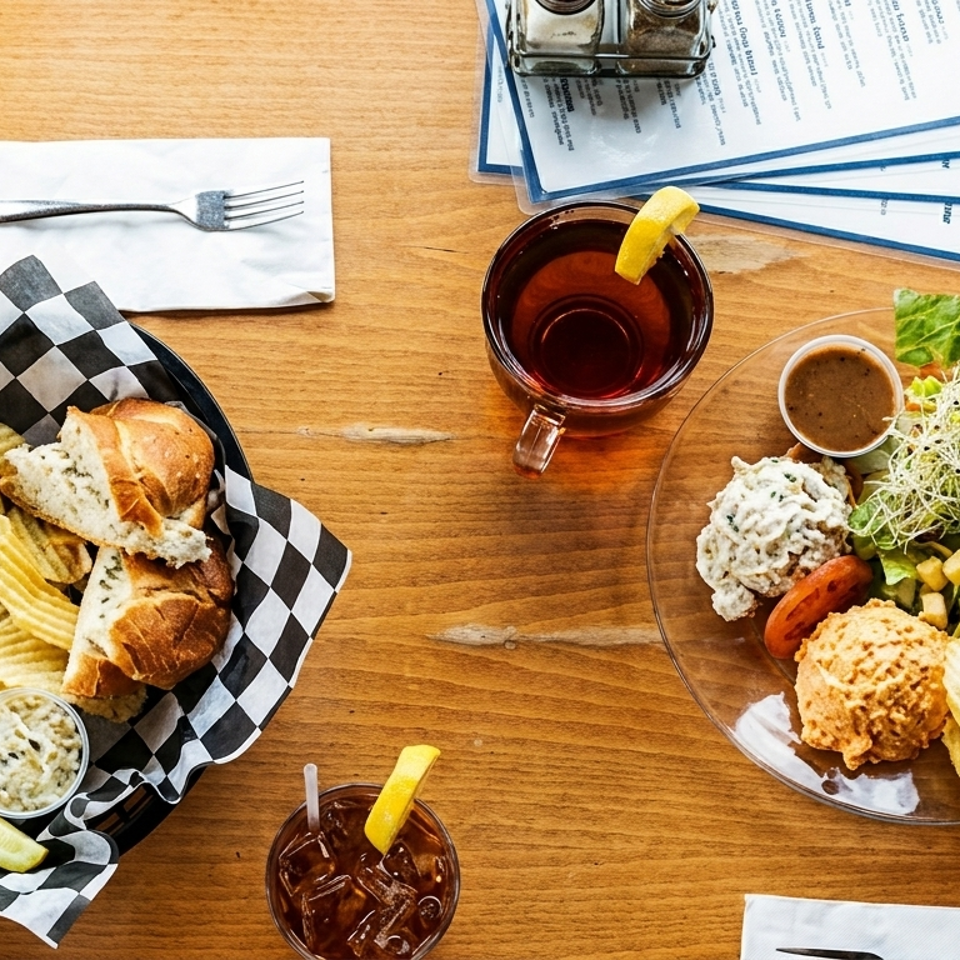Overhead view of a restaurant table with sandwiches, potato chips, salad, pickles, dipping sauce, iced tea, menus, and utensils.